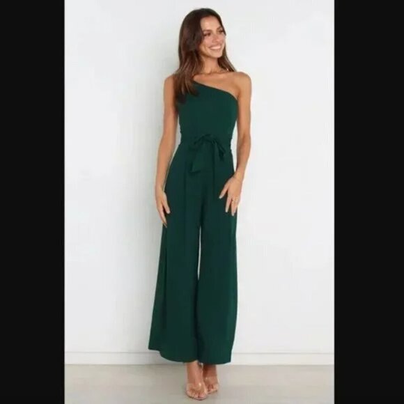 Petal & Pup Leyton Emerald Green One Shoulder Wide Leg Belted Jumpsuit 12 - Picture 6 of 11
